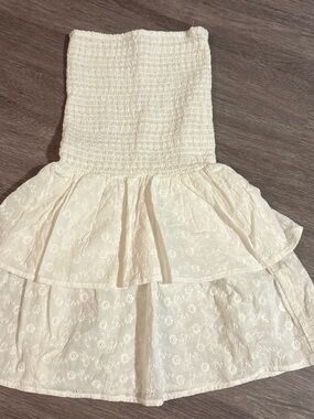 Subdued Strapless White Eyelet Tiered Mini Dress